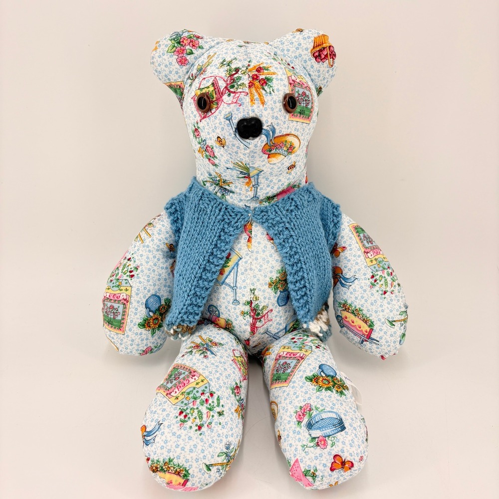 Vtg 1980s Cottagecore Floral Fabric Teddy Bear HandmadeVest Folk Art